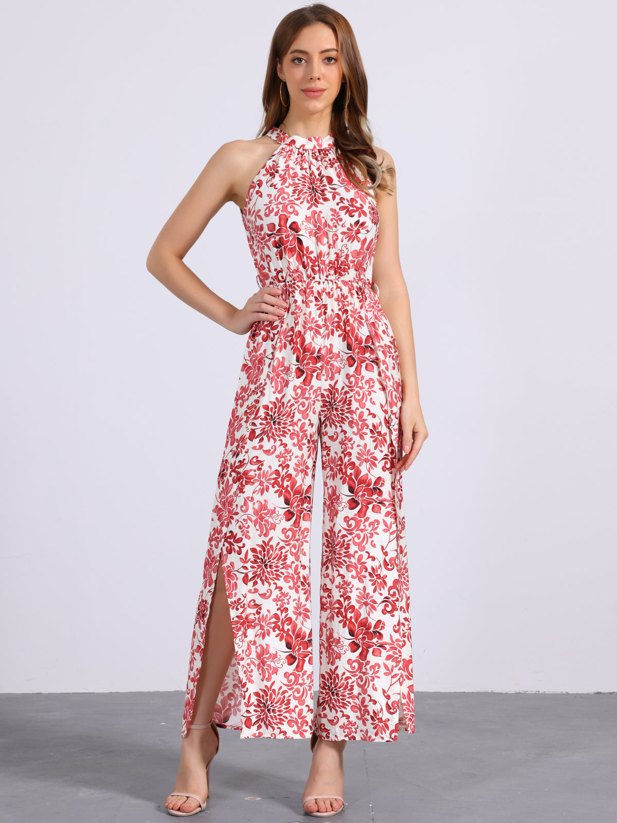 Women's Casual Sleeveless Jumpsuit Boho Pattern Tie Halter Neck Beach Slit Wide Leg Pants