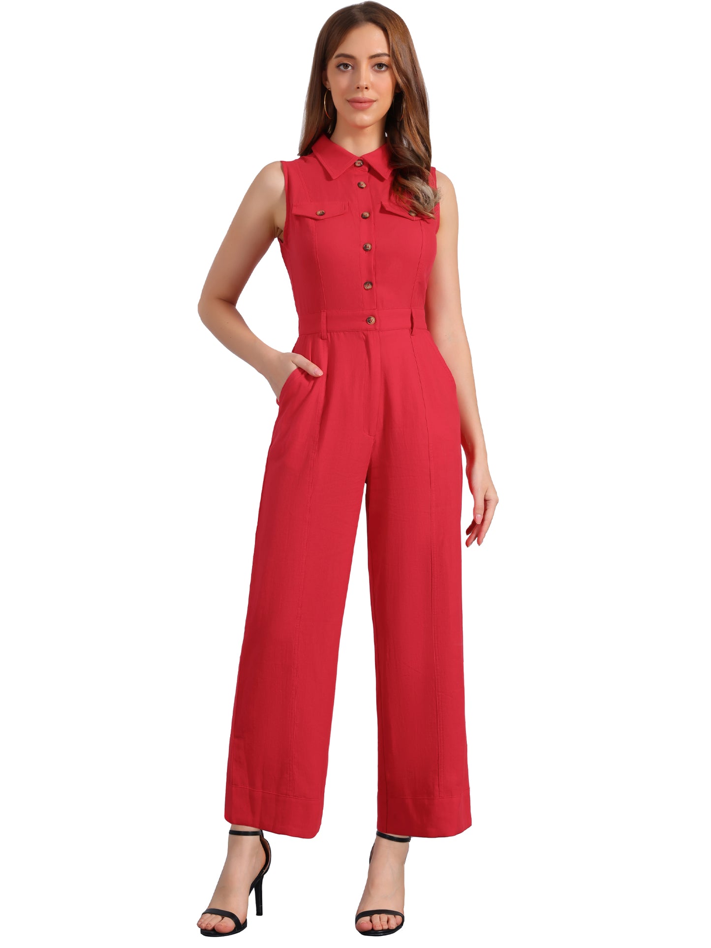Women's Wide Leg Jumpsuit Sleeveless Collared Tie Waist Coverall Button Down Cargo Jumpsuits