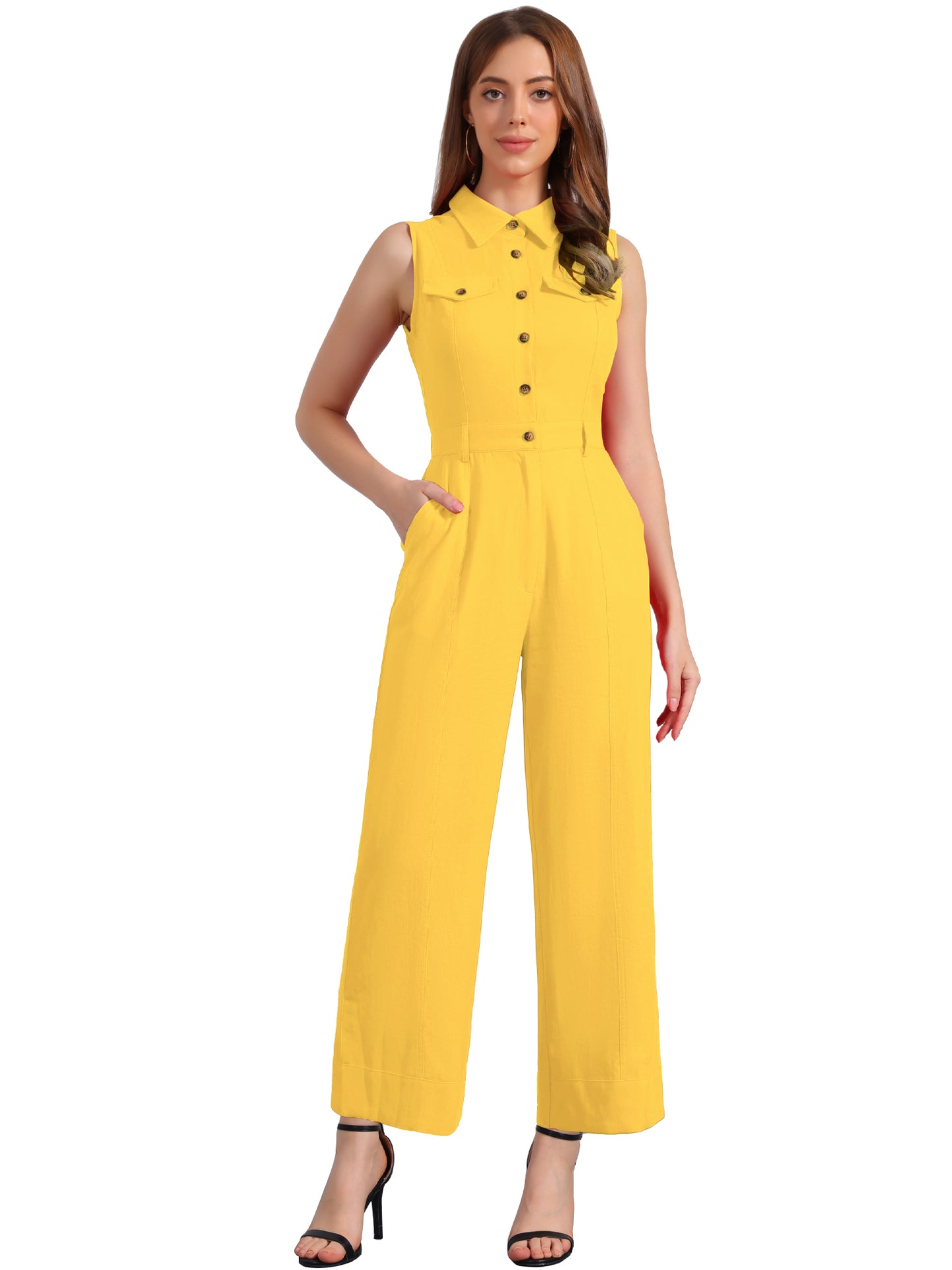Women's Wide Leg Jumpsuit Sleeveless Collared Tie Waist Coverall Button Down Cargo Jumpsuits