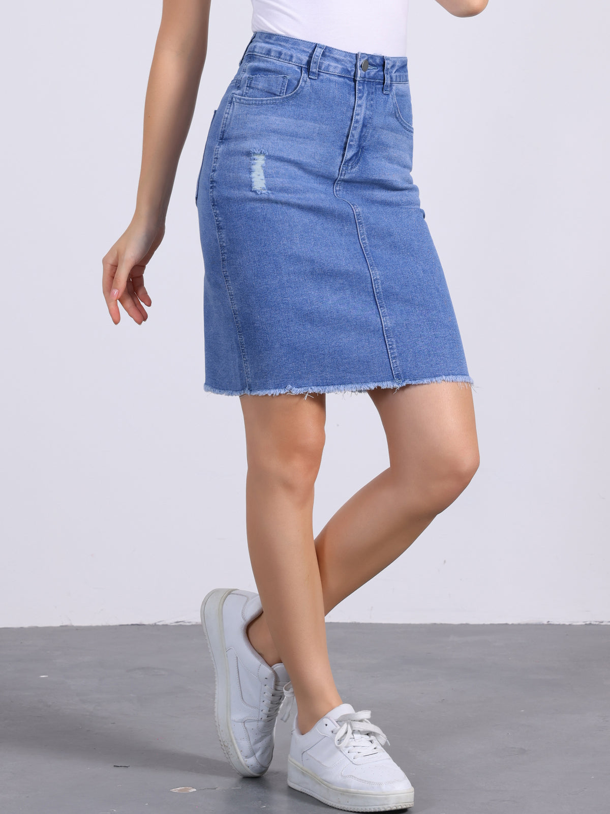 Women's Basic Distressed High Waist Ripped Hem Washed Jeans Denim Skirt (Available in Plus Size)