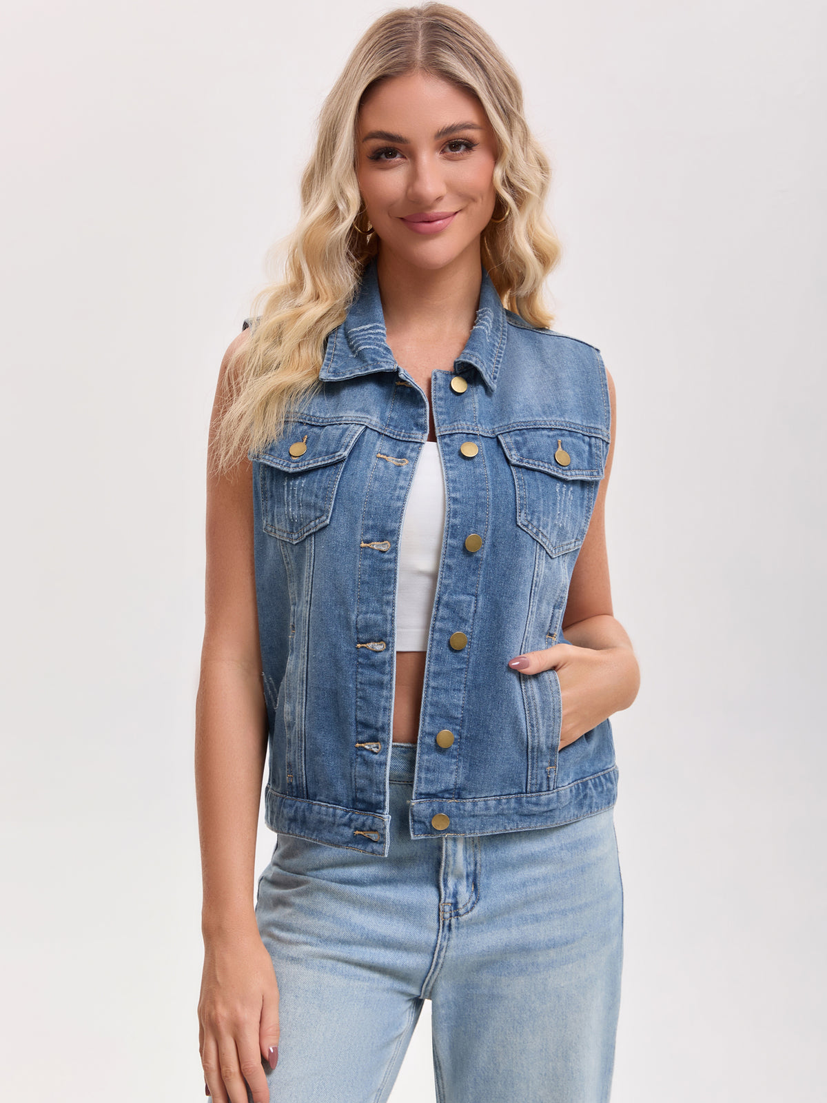 Women's Denim Vest Button Down Chest Flap Pockets Washed Distressed Sleeveless Jean Jacket