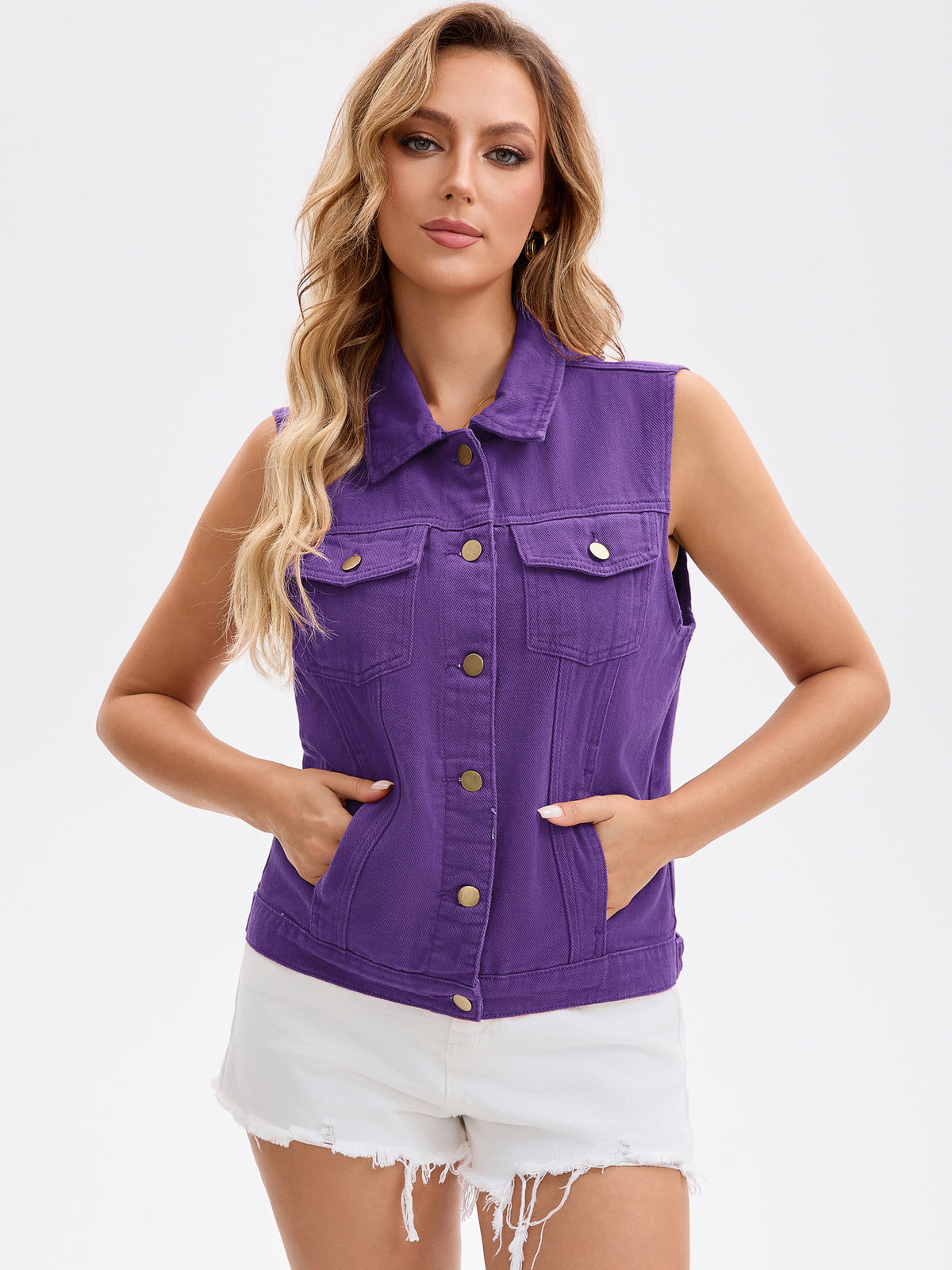 Women's Denim Vest Button Down Chest Flap Pockets Washed Distressed Sleeveless Jean Jacket