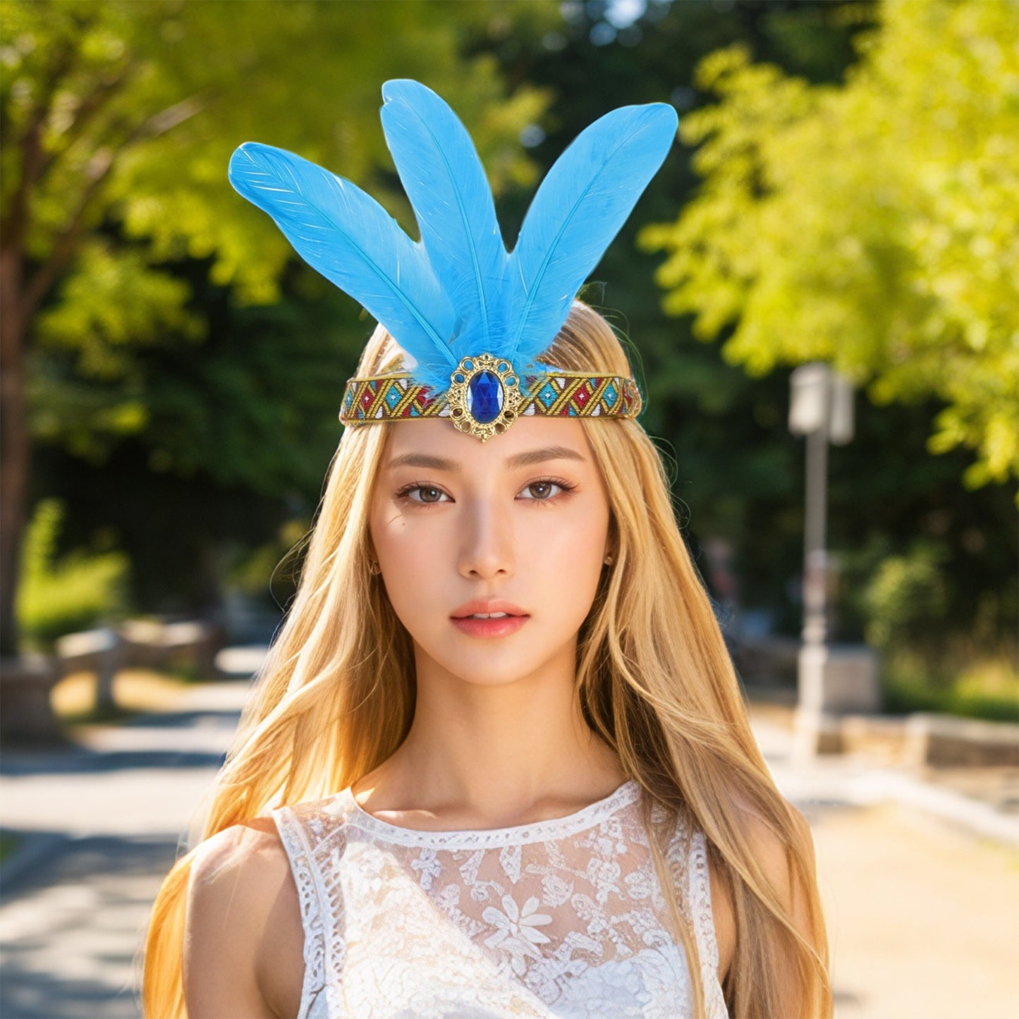 Feather Elastic Band Headband for Women Lake Blue 1 Pc