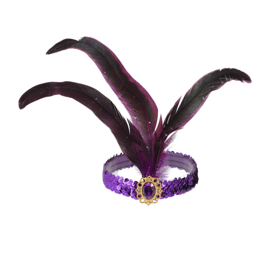 Diadema de plumas y lentejuelas para mujer, color morado, 1 unidad