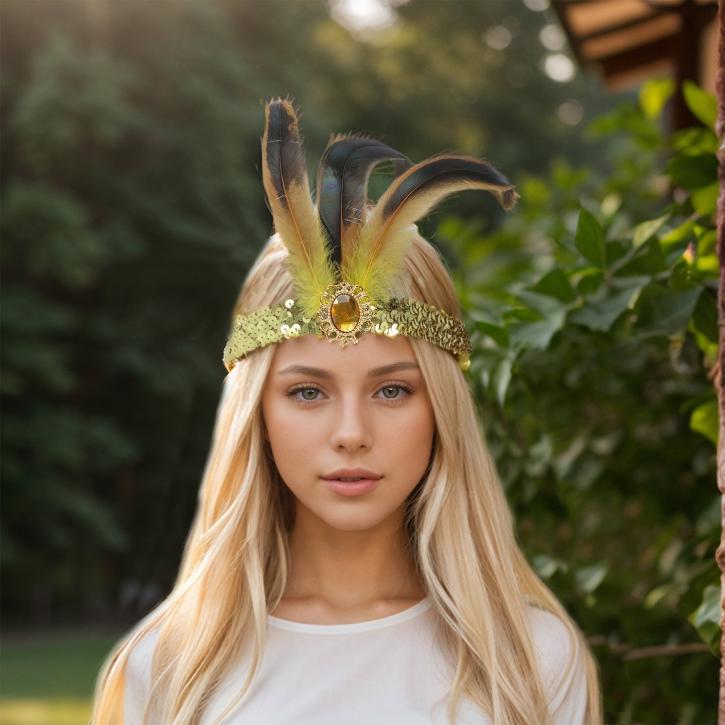 Diadema de plumas y lentejuelas para mujer, tono dorado, 1 pieza