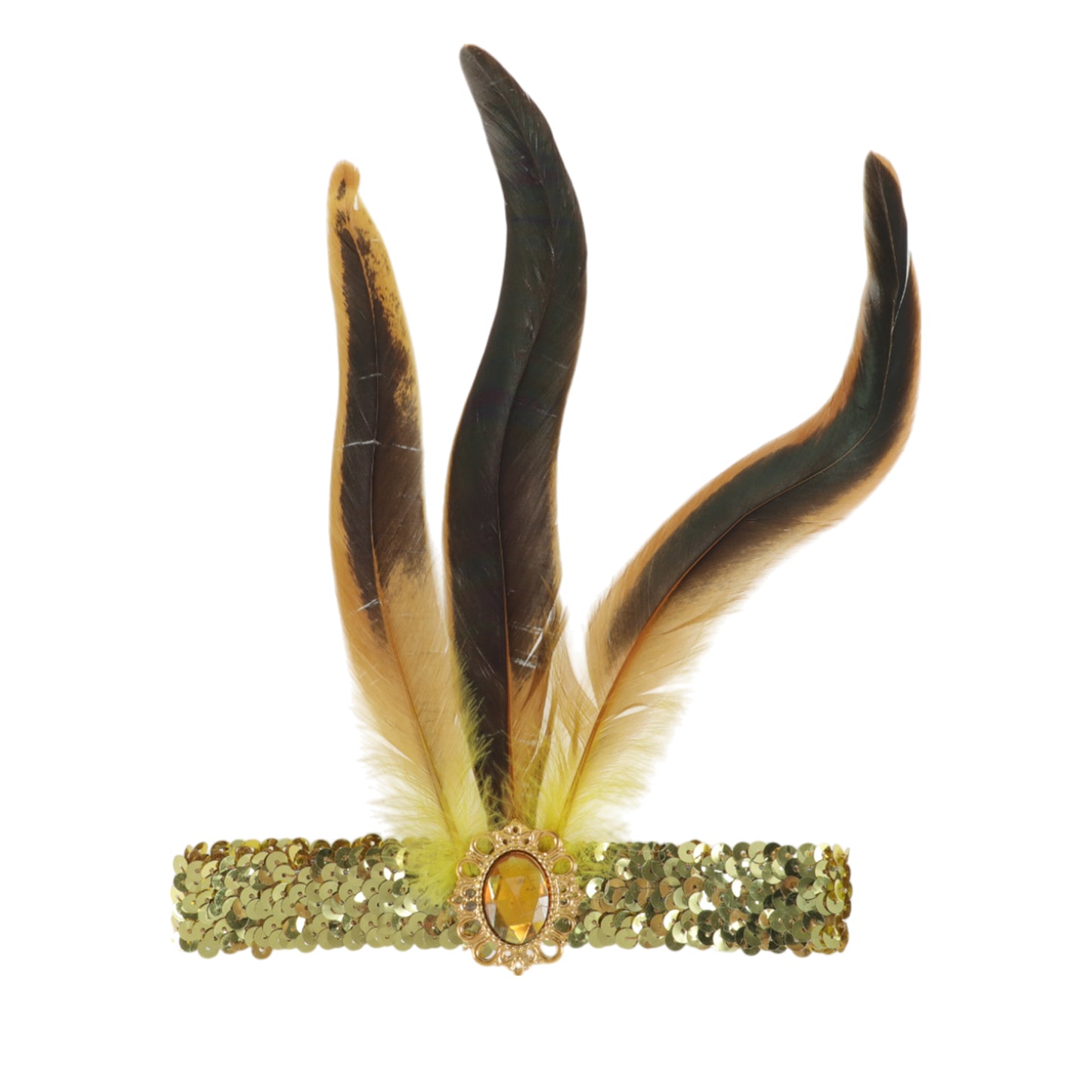 Diadema de plumas y lentejuelas para mujer, tono dorado, 1 pieza