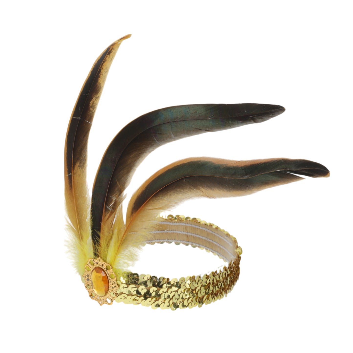 Diadema de plumas y lentejuelas para mujer, tono dorado, 1 pieza