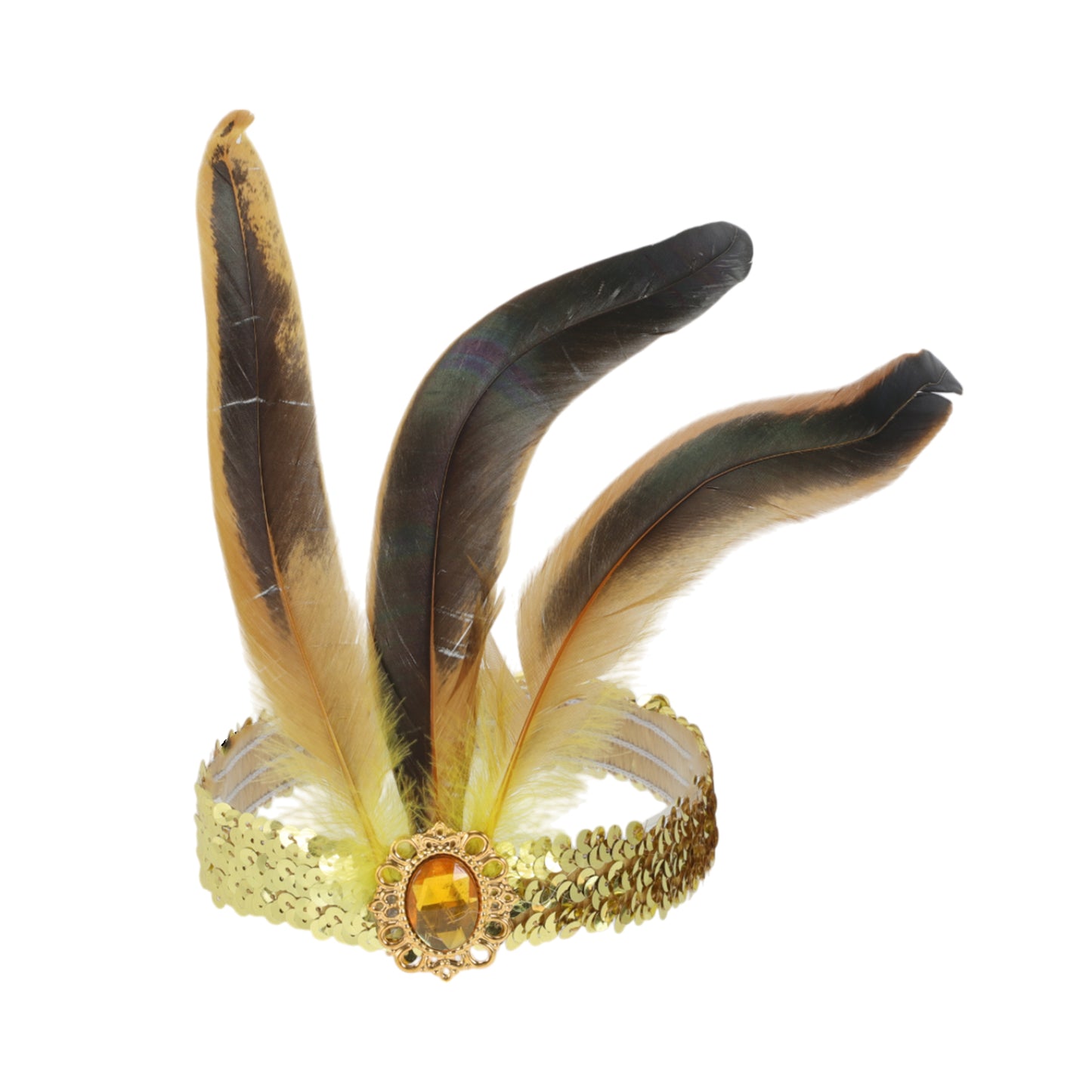 Diadema de plumas y lentejuelas para mujer, tono dorado, 1 pieza