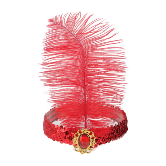 Diadema con plumas y lentejuelas de imitación de diamante para mujer, color rojo, 1 unidad