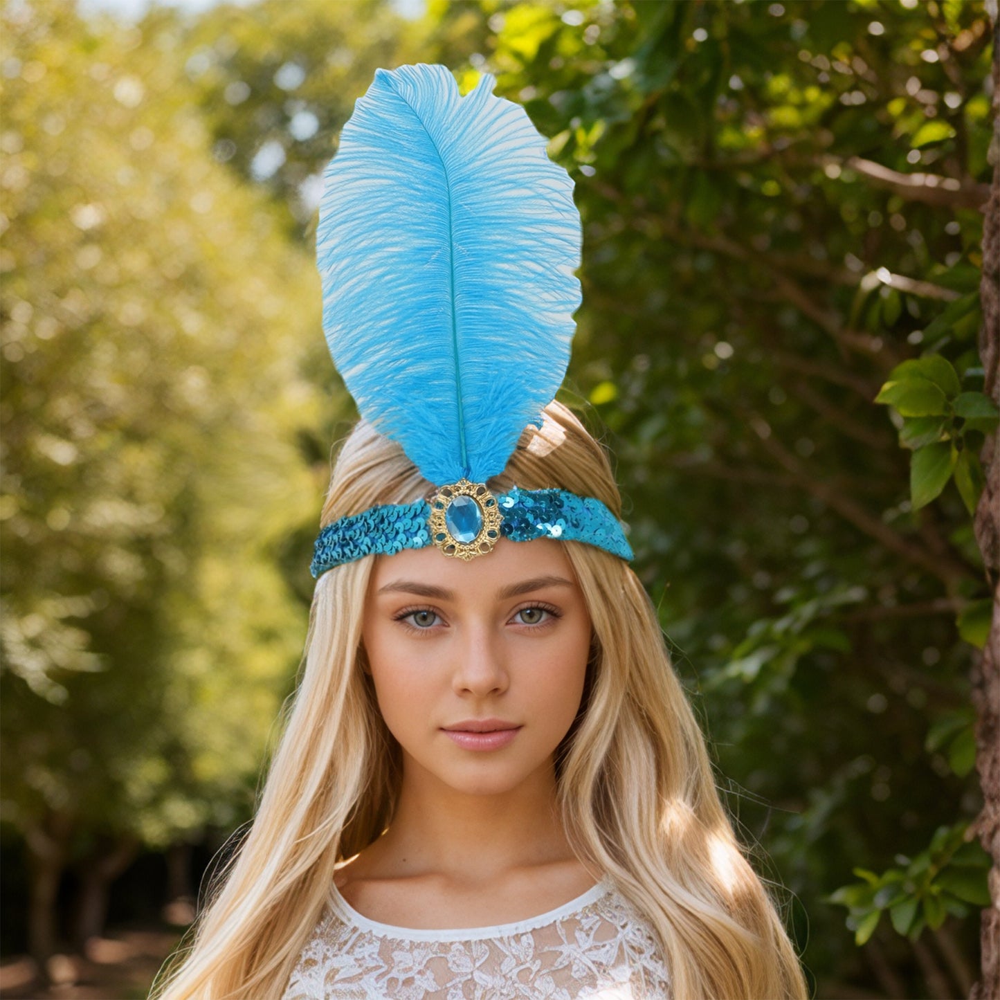 Feather Faux Diamond Sequins Headband for Women Lake Blue 1 Pc