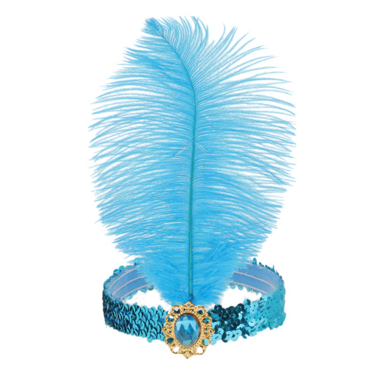 Diadema con plumas y lentejuelas de imitación de diamante para mujer, color azul lago, 1 unidad