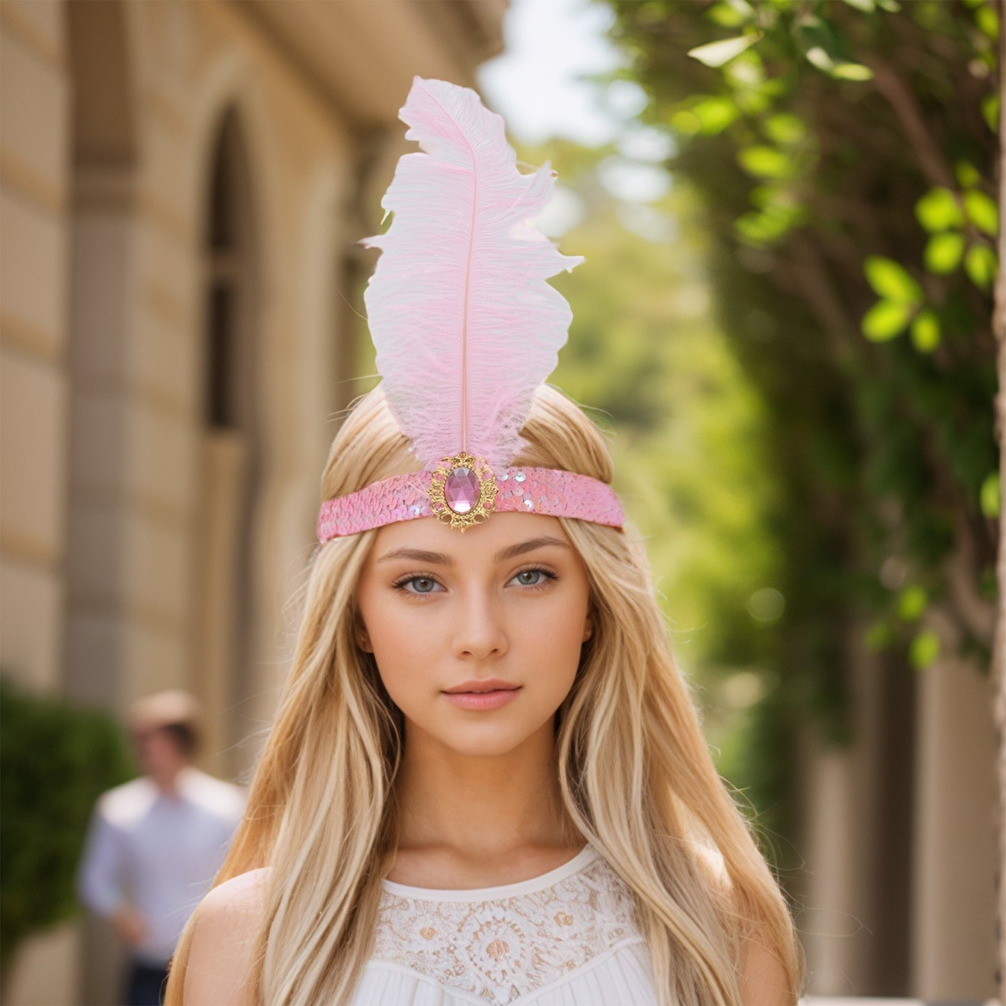 Diadema con plumas y lentejuelas de imitación de diamante para mujer, color rosa, 1 unidad