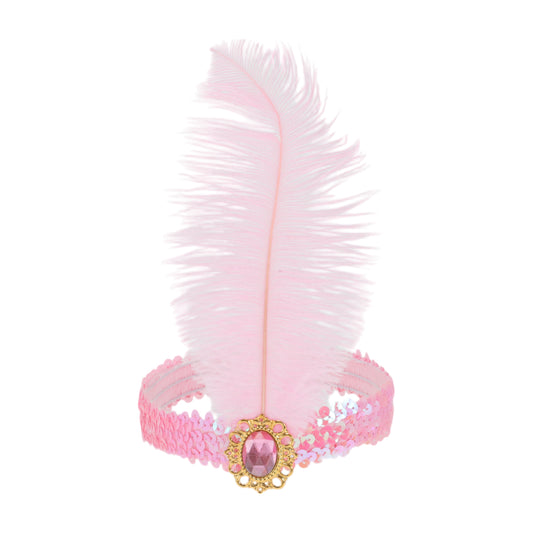 Diadema con plumas y lentejuelas de imitación de diamante para mujer, color rosa, 1 unidad