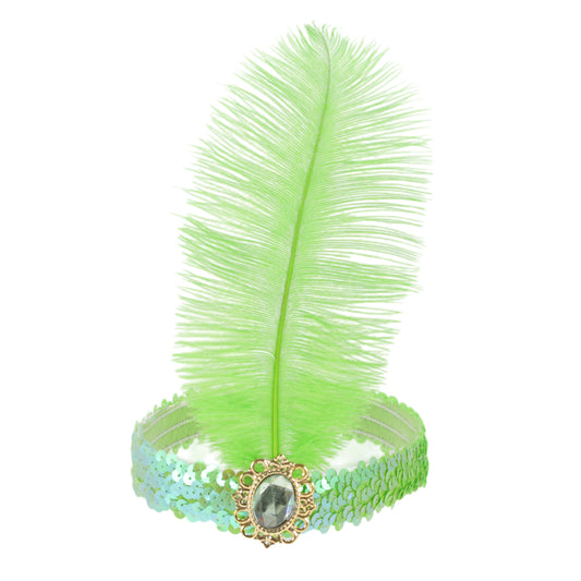 Diadema con plumas y lentejuelas de imitación de diamante para mujer, color verde claro, 1 unidad
