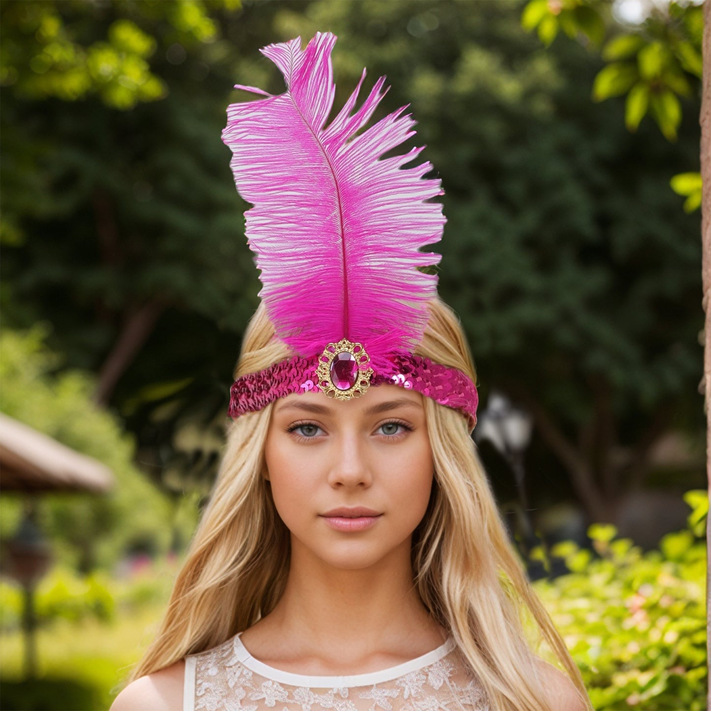 Diadema con plumas y lentejuelas de imitación de diamante para mujer, color rosa y morado, 1 unidad