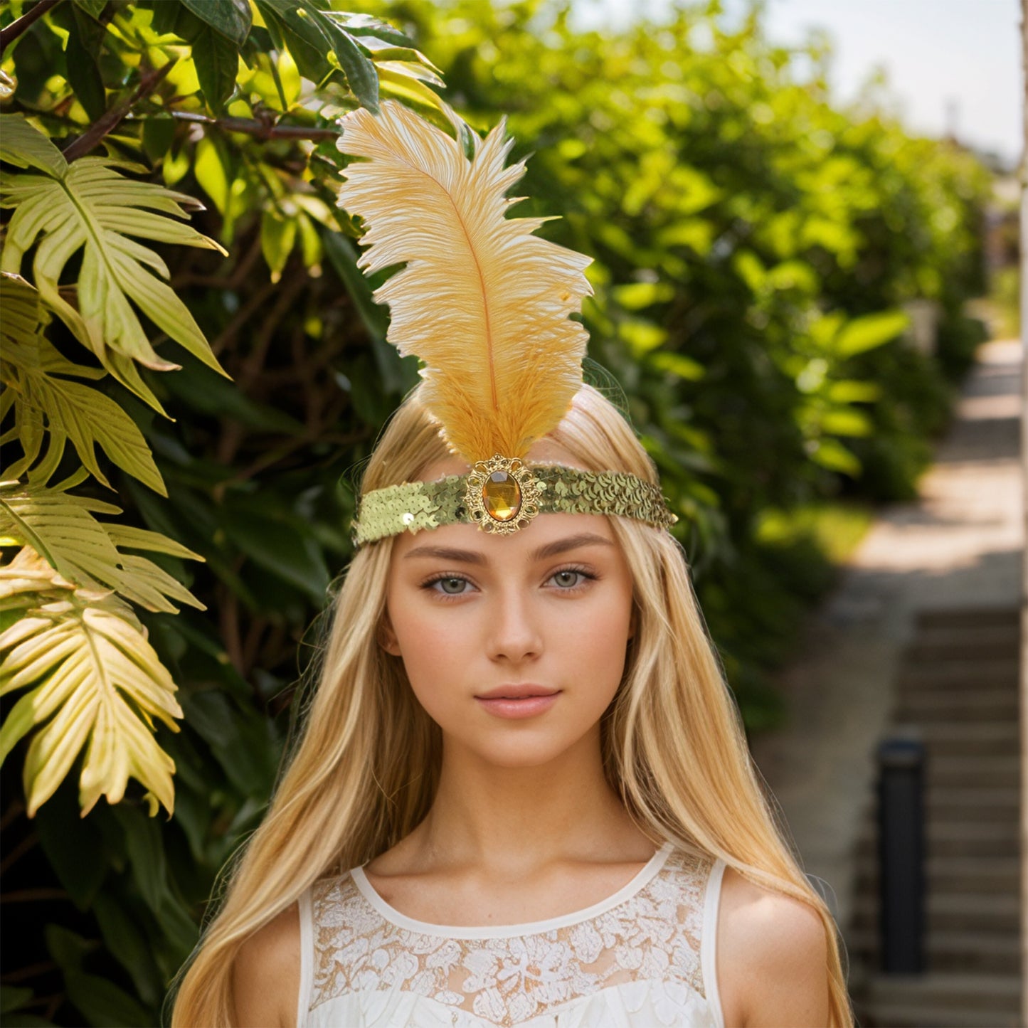 Feather Faux Diamond Sequins Headband for Women Gold Tone 1 Pc