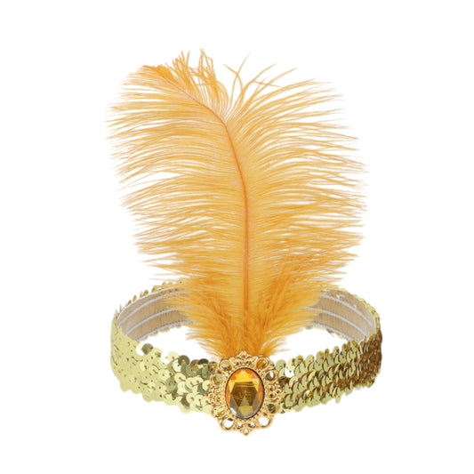 Diadema con plumas y lentejuelas de imitación de diamante para mujer, tono dorado, 1 pieza