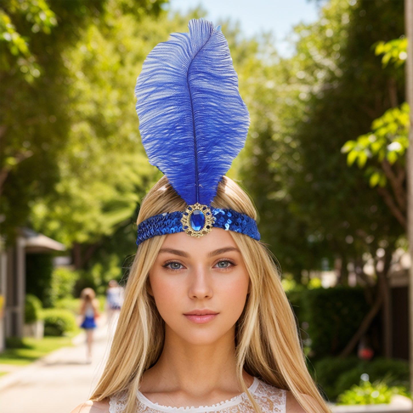 Diadema con plumas y lentejuelas de imitación de diamante para mujer, color azul, 1 unidad