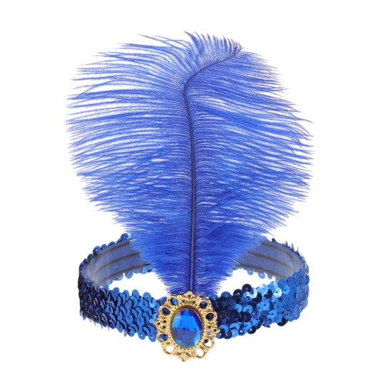 Diadema con plumas y lentejuelas de imitación de diamante para mujer, color azul, 1 unidad