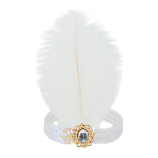 Diadema con plumas y lentejuelas de imitación de diamante para mujer, color blanco, 1 unidad