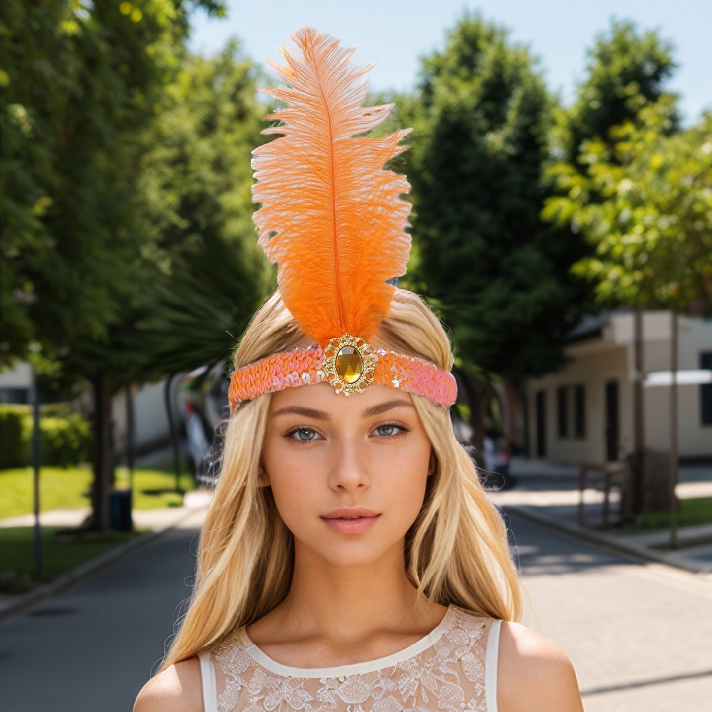 Diadema con plumas y lentejuelas de imitación de diamante para mujer, color naranja, 1 unidad