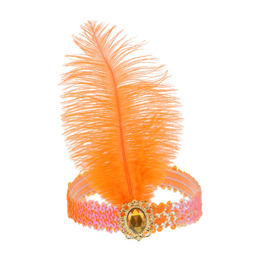 Diadema con plumas y lentejuelas de imitación de diamante para mujer, color naranja, 1 unidad