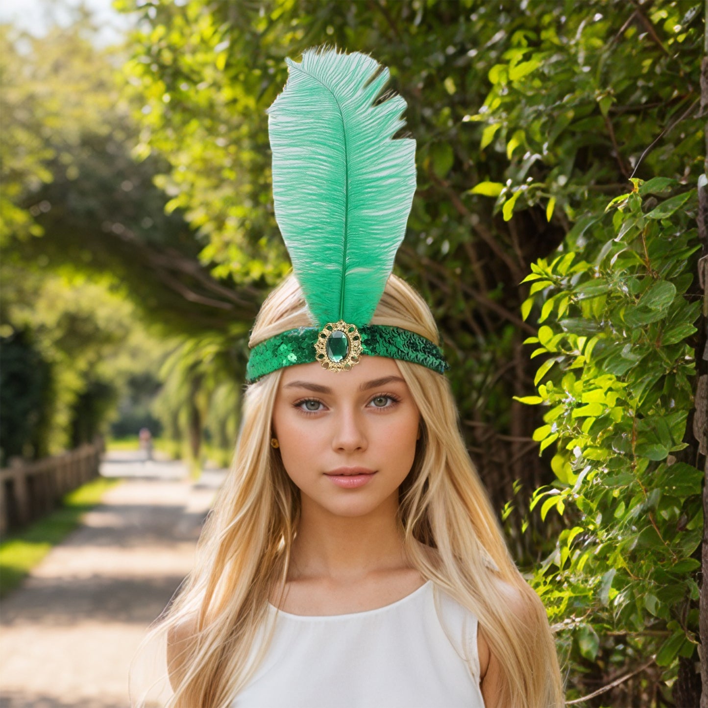 Diadema con plumas y lentejuelas de imitación de diamante para mujer, color verde, 1 unidad