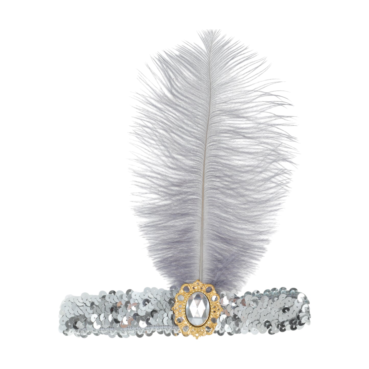 Diadema con plumas y lentejuelas de imitación de diamante para mujer, tono plateado y gris, 1 unidad