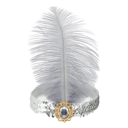 Diadema con plumas y lentejuelas de imitación de diamante para mujer, tono plateado y gris, 1 unidad
