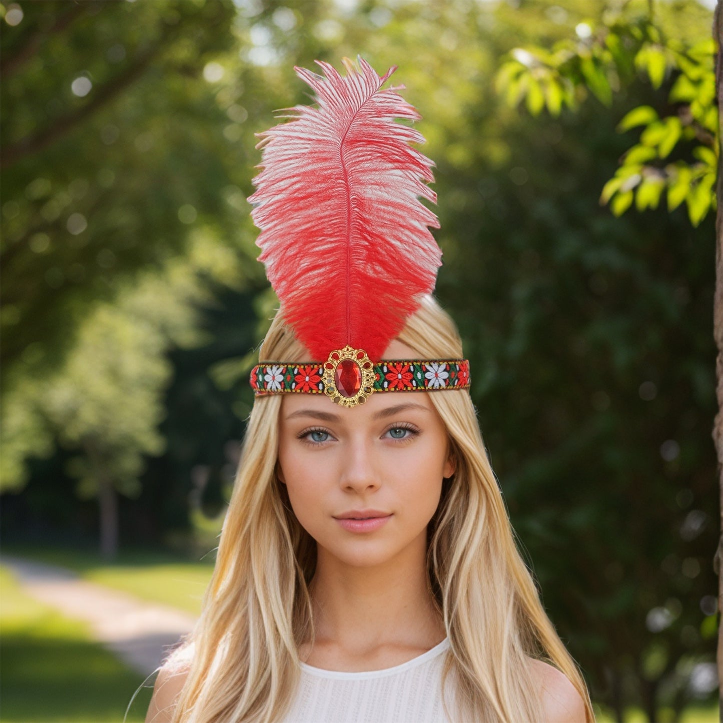 Tribal Style Feather Headband for Women Red 1 Pc