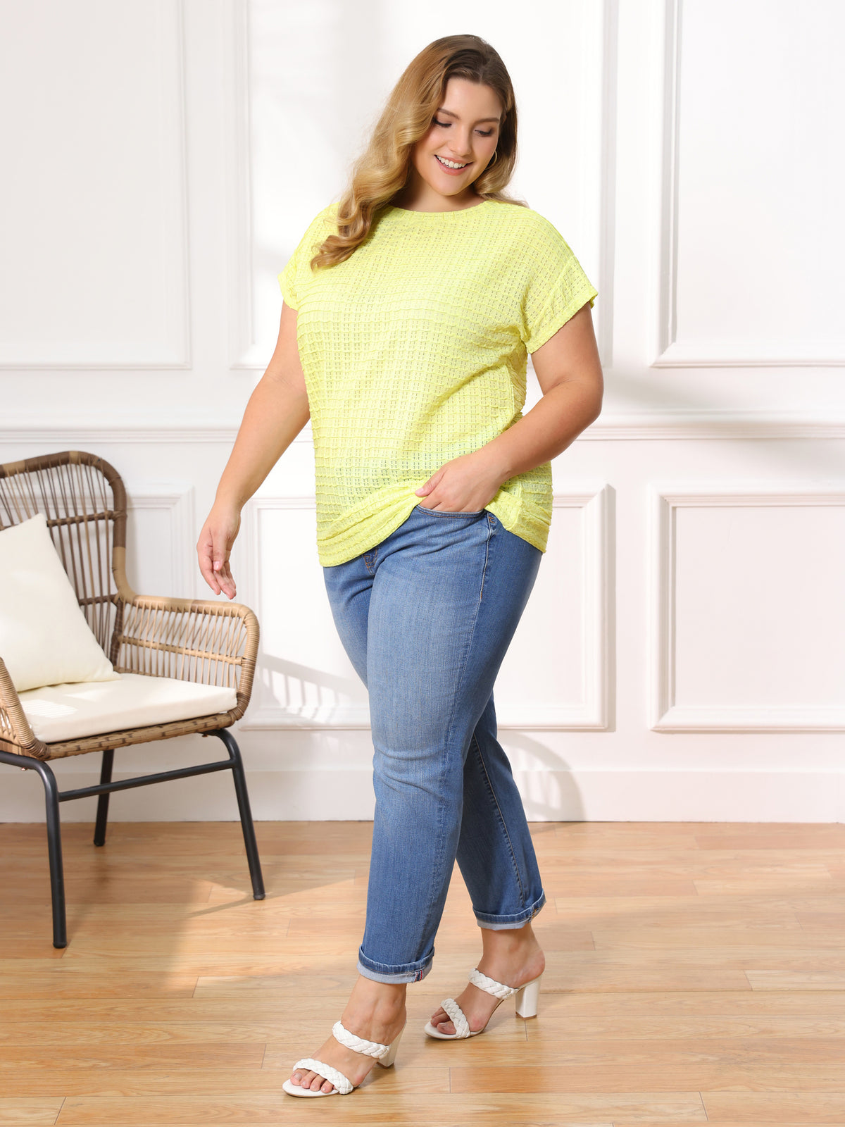 [PACK SALES] Women's Plus Size 2 Pieces Summer Tops Pointelle Knit Hollow Crew Neck Plaid Notched V-Neck Blouse