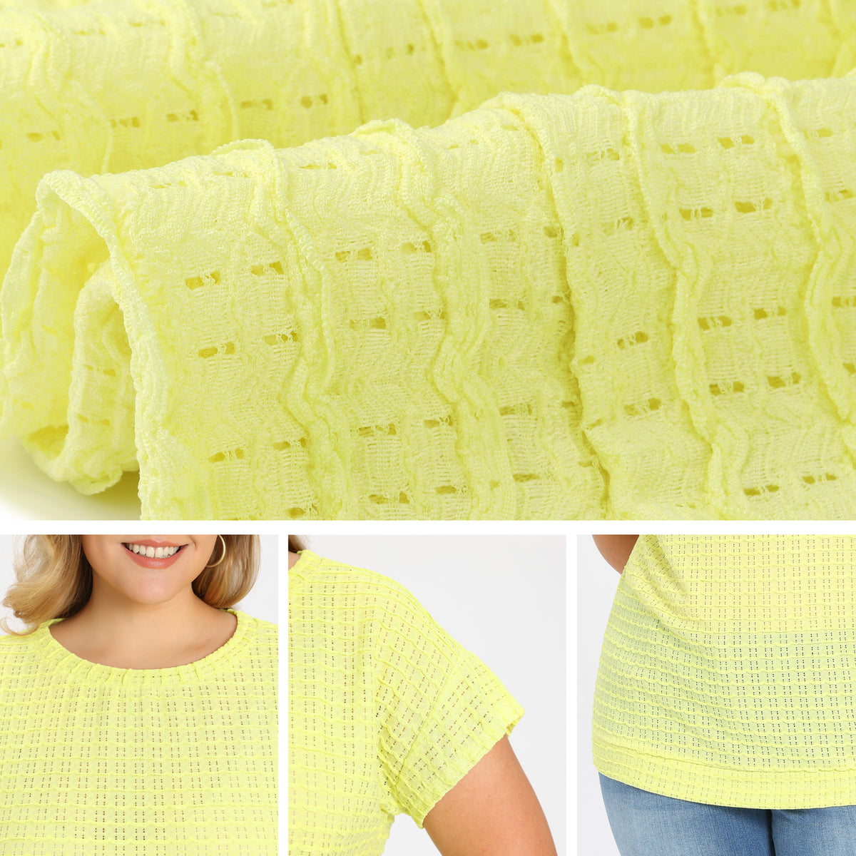 [PACK SALES] Women's Plus Size 2 Pieces Summer Tops Pointelle Knit Hollow Crew Neck Plaid Notched V-Neck Blouse