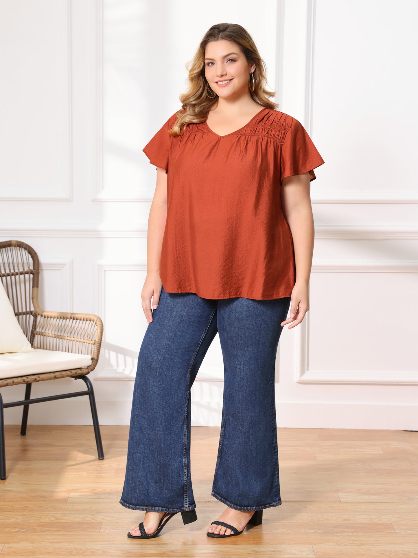[PACK SALES] Women's Plus Size 2 Pieces Summer Tops Smocked Shoulder Plaid Jacquard Texture Short Sleeves V Neck Casual Blouse