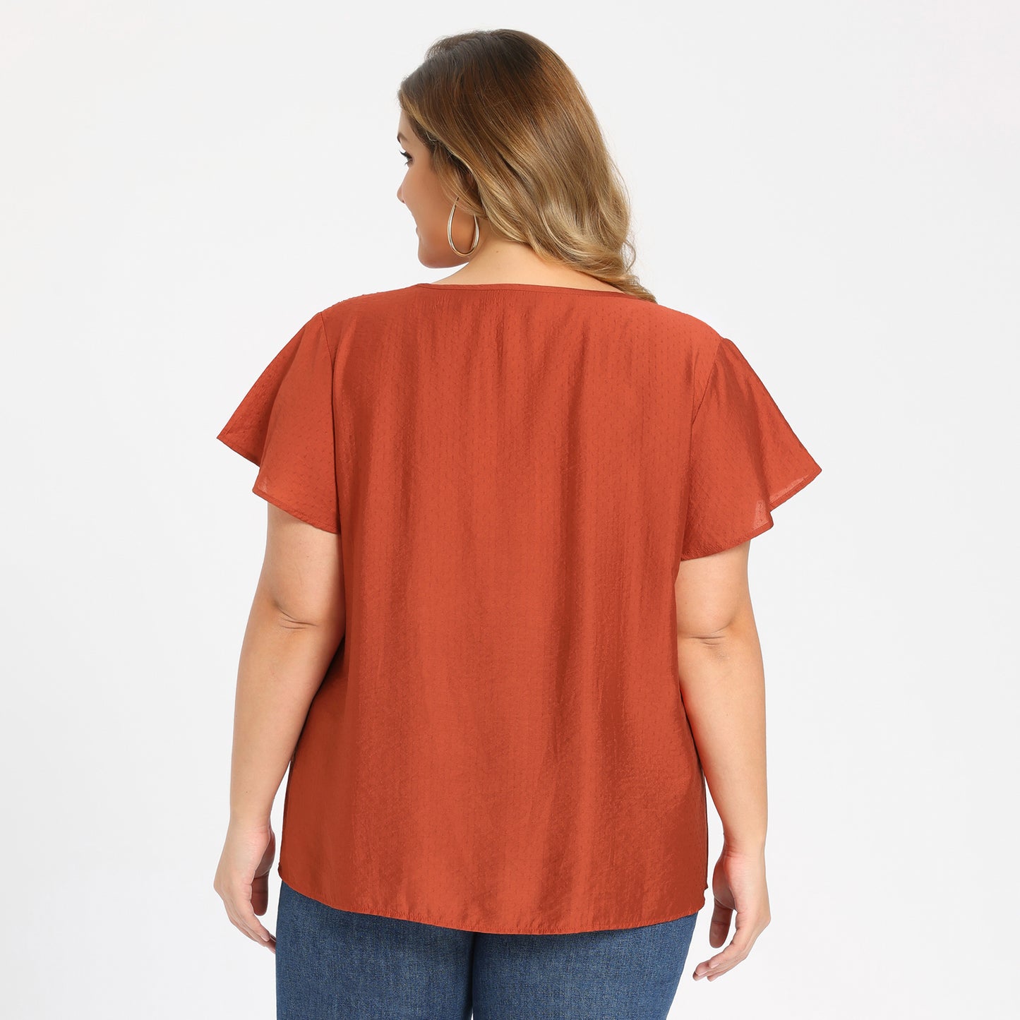 [PACK SALES] Women's Plus Size 2 Pieces Summer Tops Smocked Shoulder Plaid Jacquard Texture Short Sleeves V Neck Casual Blouse