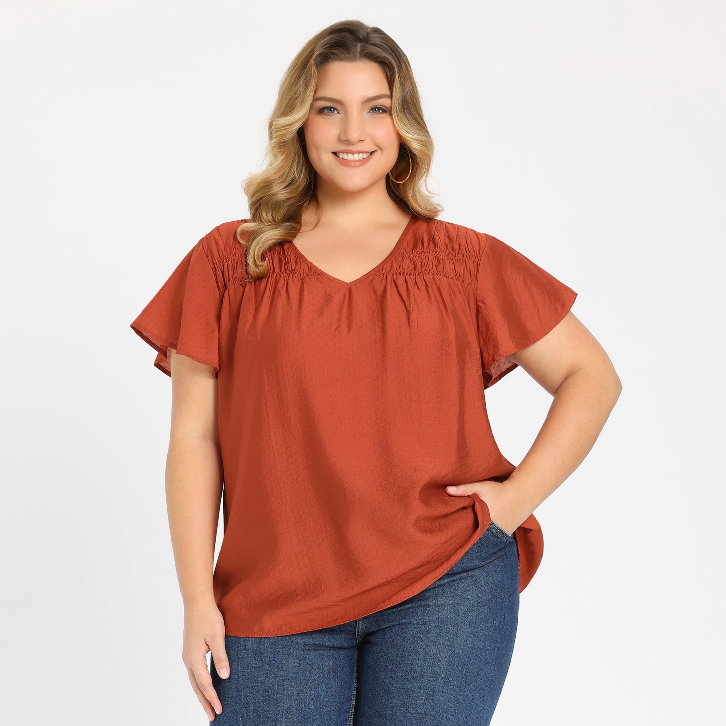 [PACK SALES] Women's Plus Size 2 Pieces Summer Tops Smocked Shoulder Plaid Jacquard Texture Short Sleeves V Neck Casual Blouse