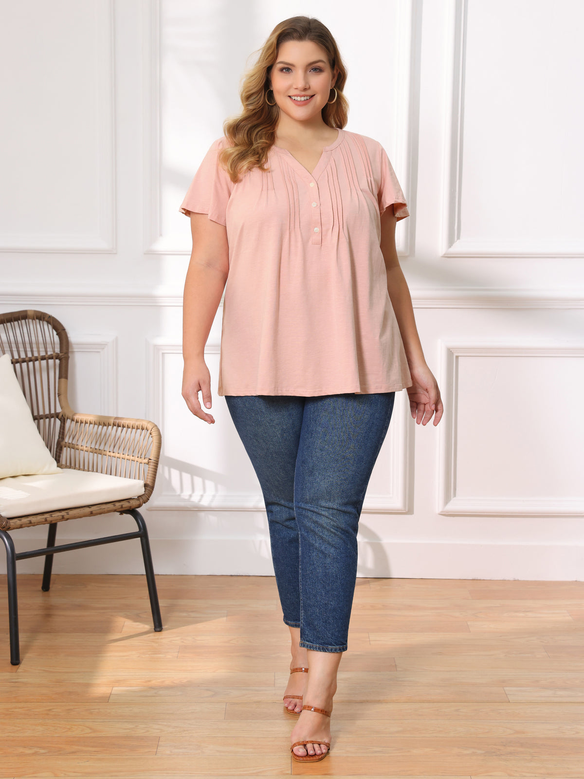 [PACK SALES] Women's Plus Size 2 Pieces Tops Pintuck Front Short Sleeves Notch V Neck Blouses