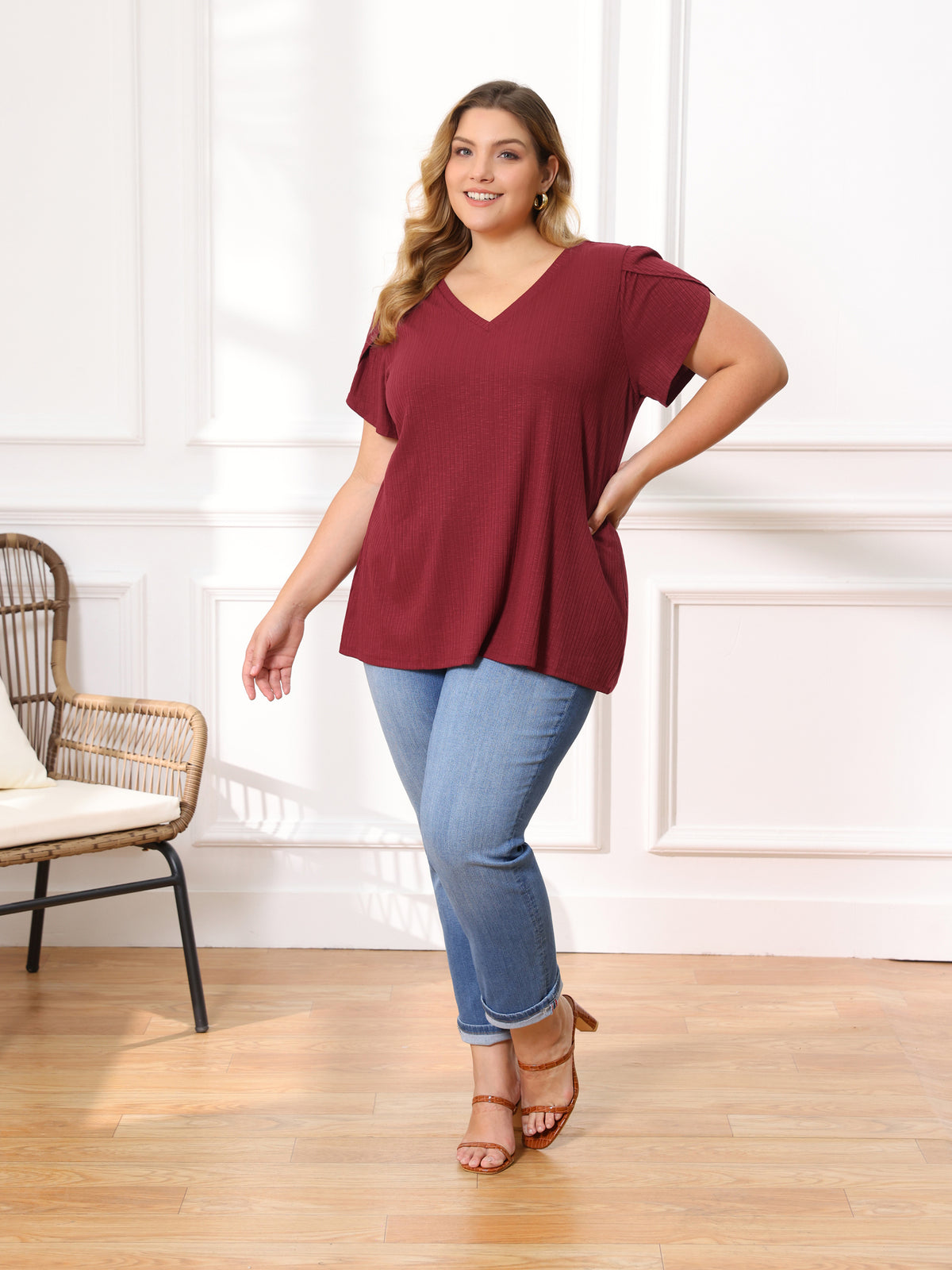 [PACK SALES] Women's Plus Size 2 Pieces Top Summer Solid V Neck Tulip Sleeve and Plaid Loose Casual Blouses