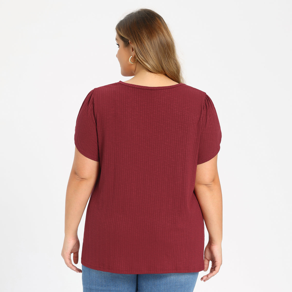 [PACK SALES] Women's Plus Size 2 Pieces Top Summer Solid V Neck Tulip Sleeve and Plaid Loose Casual Blouses