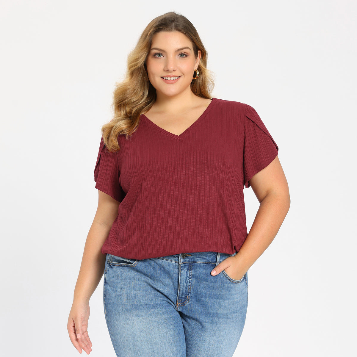 [PACK SALES] Women's Plus Size 2 Pieces Top Summer Solid V Neck Tulip Sleeve and Plaid Loose Casual Blouses