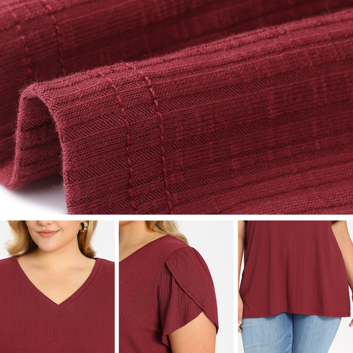 [PACK SALES] Women's Plus Size 2 Pieces Top Summer Solid V Neck Tulip Sleeve and Plaid Loose Casual Blouses