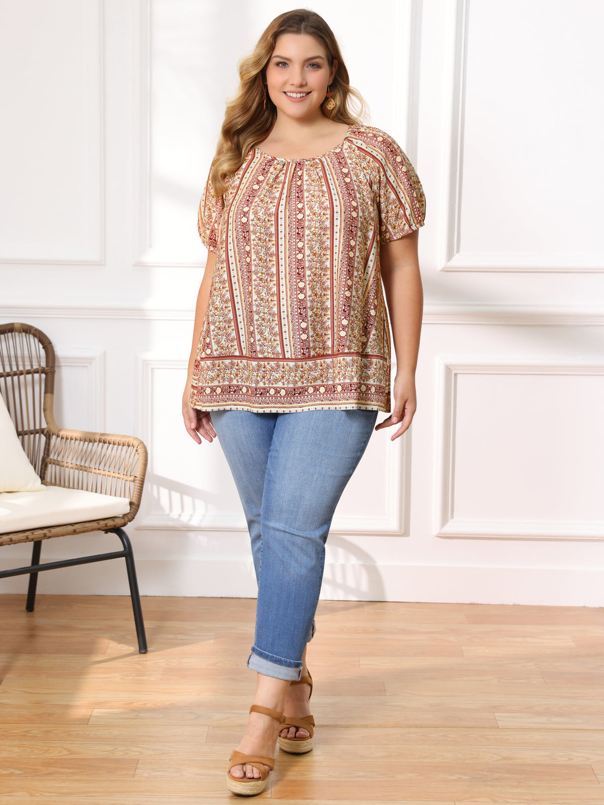 [PACK SALES] Women's Plus Size 2 Pieces Summer Tops Boho Floral Round Neck Vacation and Plaid Notched V-Neck Blouse