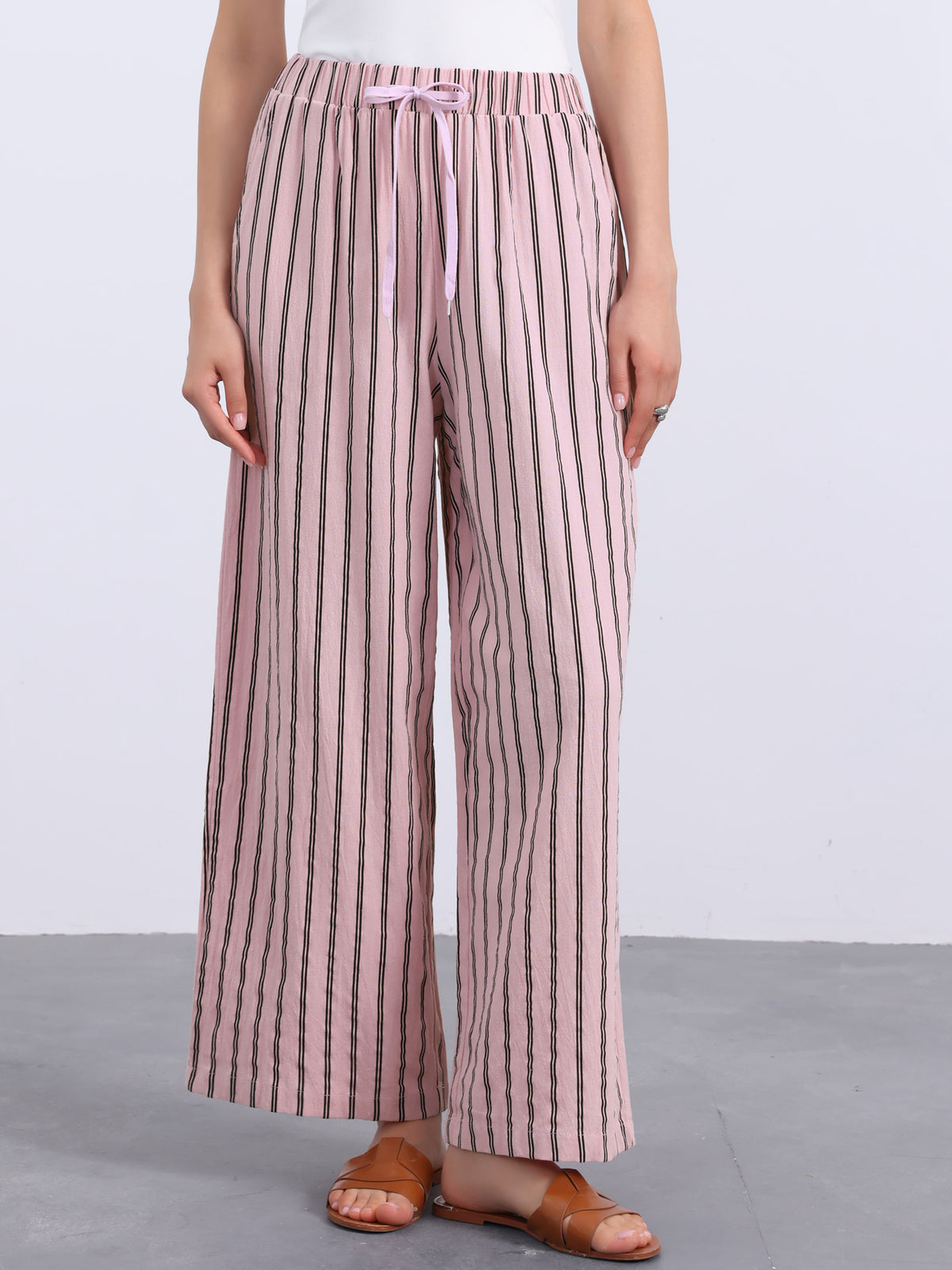 Women's Casual Drawstring Stripe Wide Leg High Waist Cotton Loose Pants