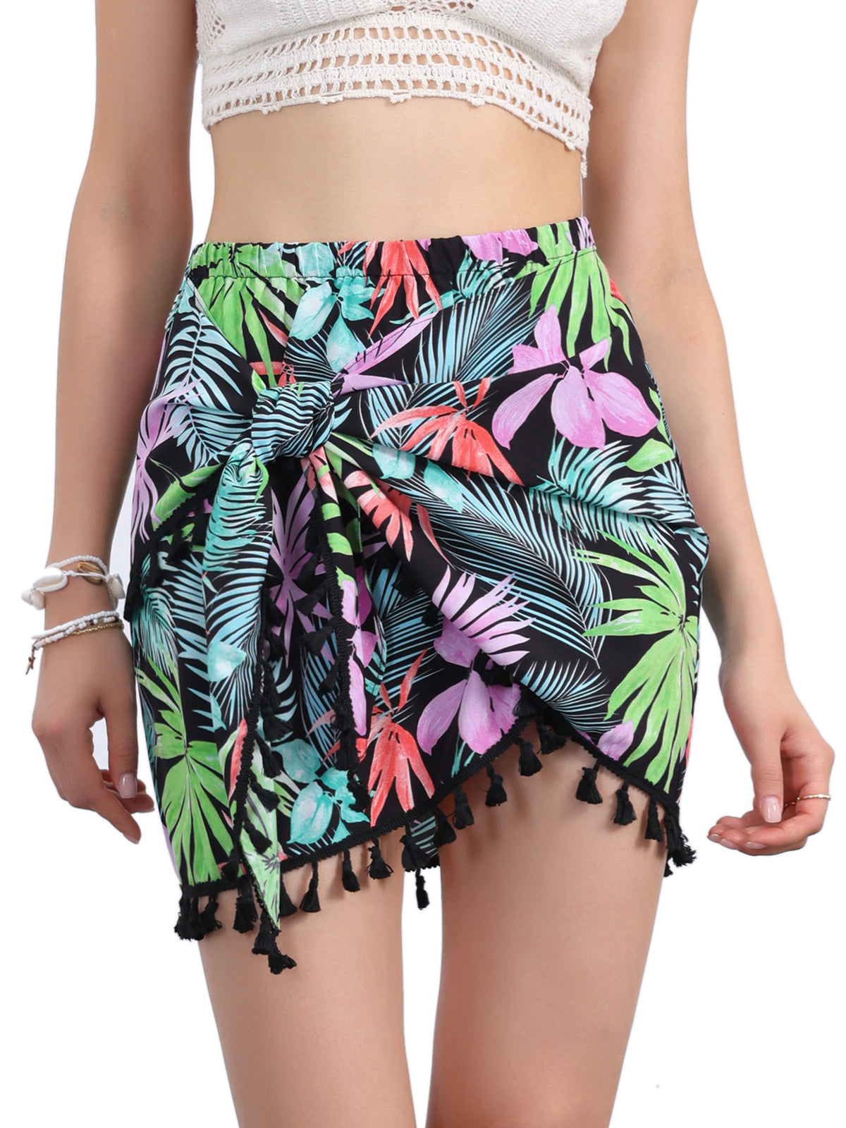 Women's Boho Floral Tie Side Knot Tassel Slit Beach Mini Skirt