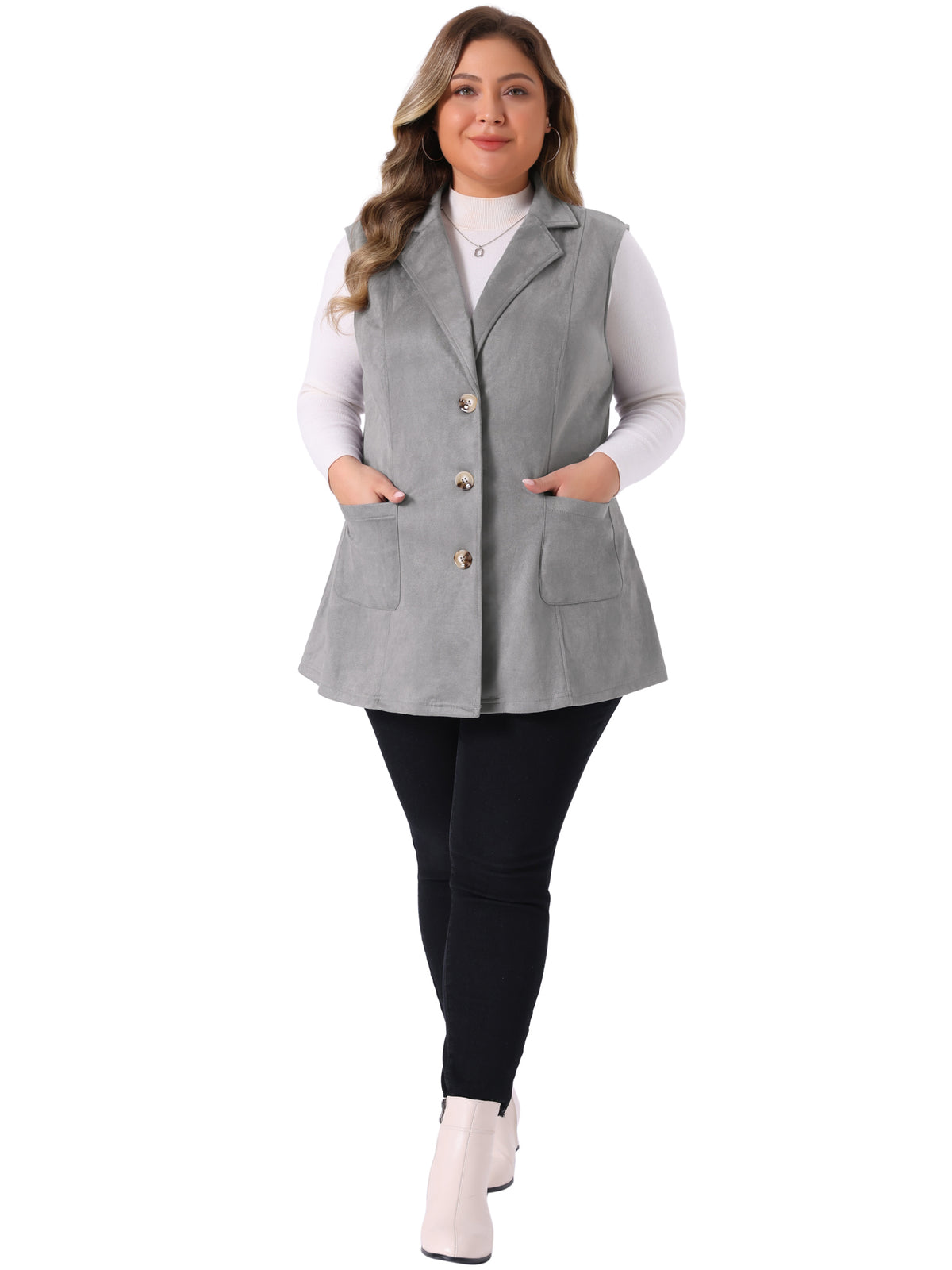 Women Plus Size Utility Vest Lapel Sleeveless Lightweight Suede Vests Jacket