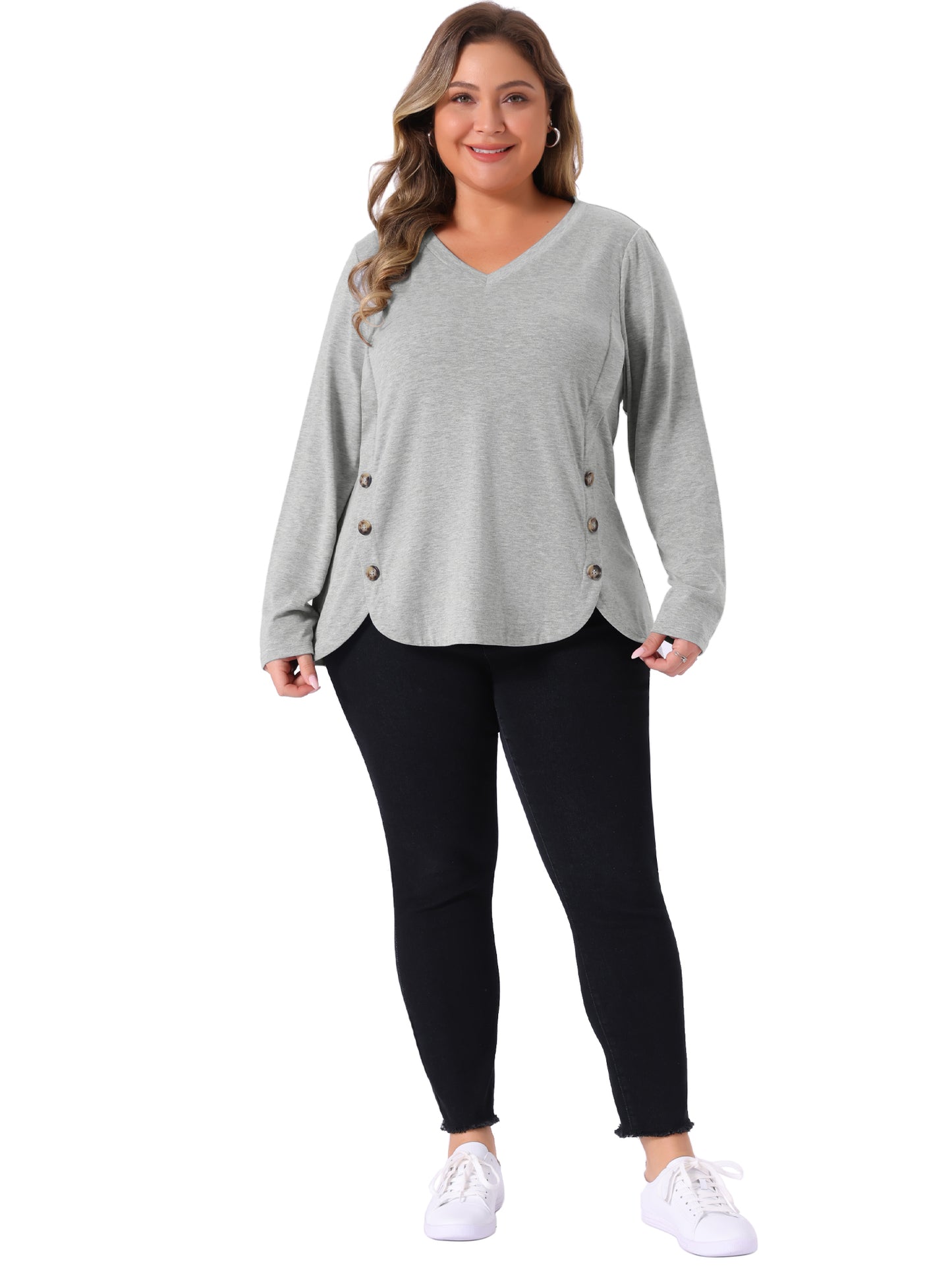 Women Plus Size Tunic Tops Casual V Neck Loose Button Side Long Sleeve Swing Blouse