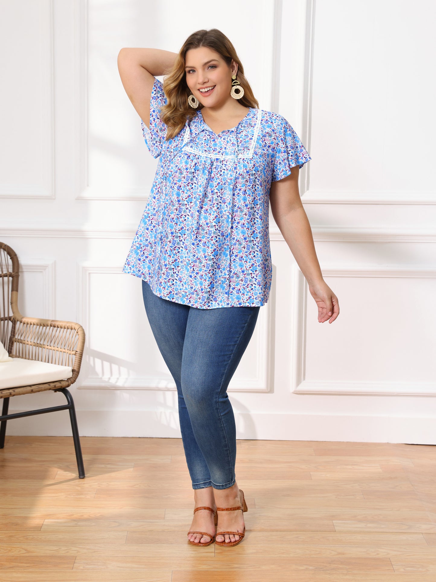[PACK SALES] Women's Plus Size 2 Pieces Blouse Pleats and Pintucked Trim Front Tie Neck Tops Short Sleeves Summer Blouses