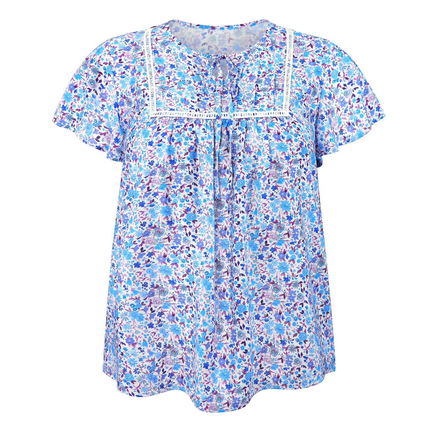 [PACK SALES] Women's Plus Size 2 Pieces Blouse Pleats and Pintucked Trim Front Tie Neck Tops Short Sleeves Summer Blouses