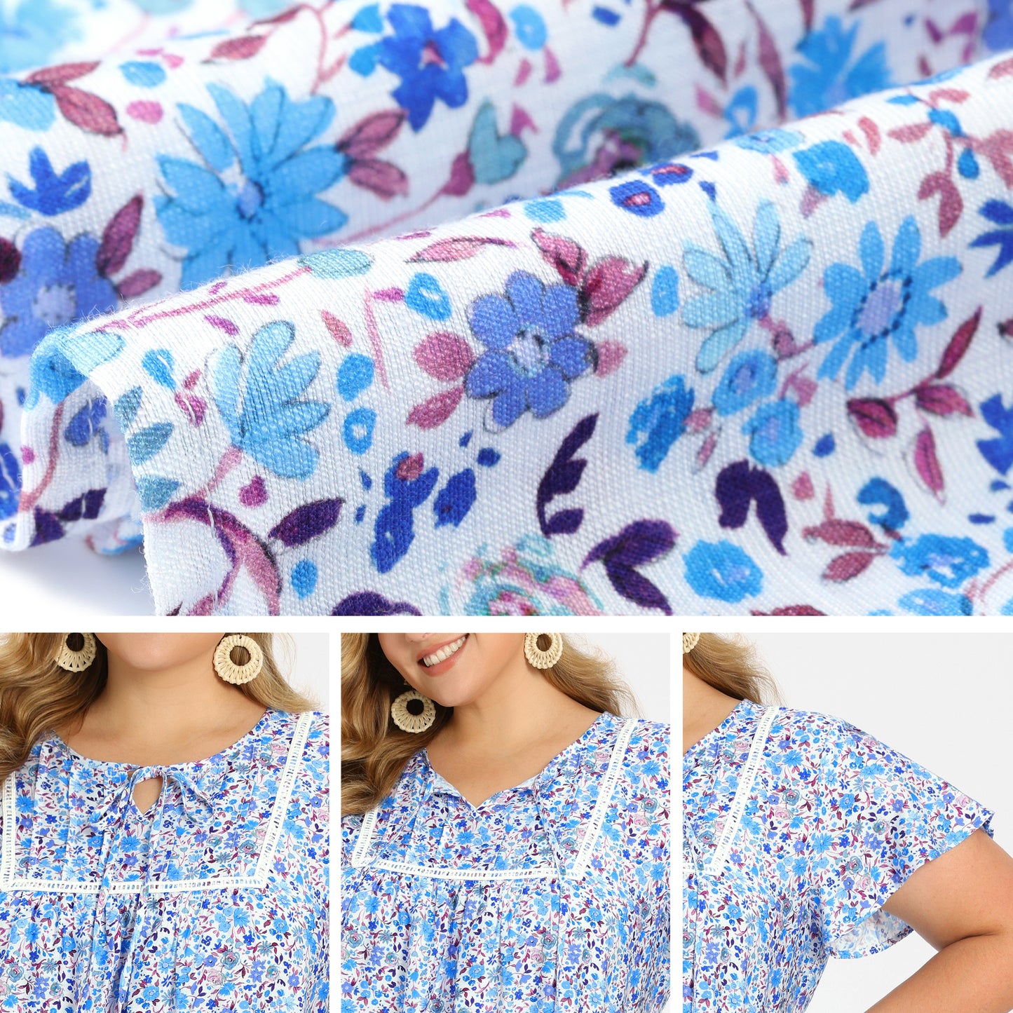 [PACK SALES] Women's Plus Size 2 Pieces Blouse Pleats and Pintucked Trim Front Tie Neck Tops Short Sleeves Summer Blouses