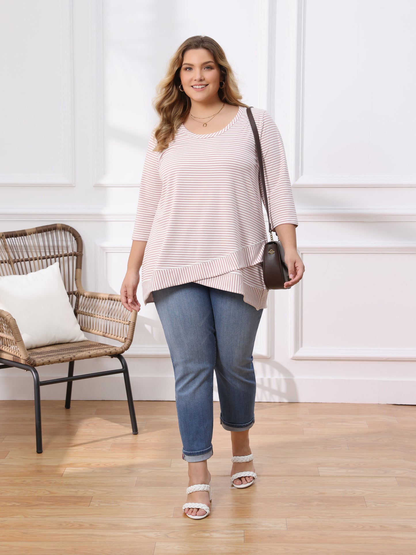 [PACK SALES] Women's Plus Size 2 Pieces Tops Striped Scoop Neck Crossover High Low Hem Loose Casual Tunic Top Plaid Blouse