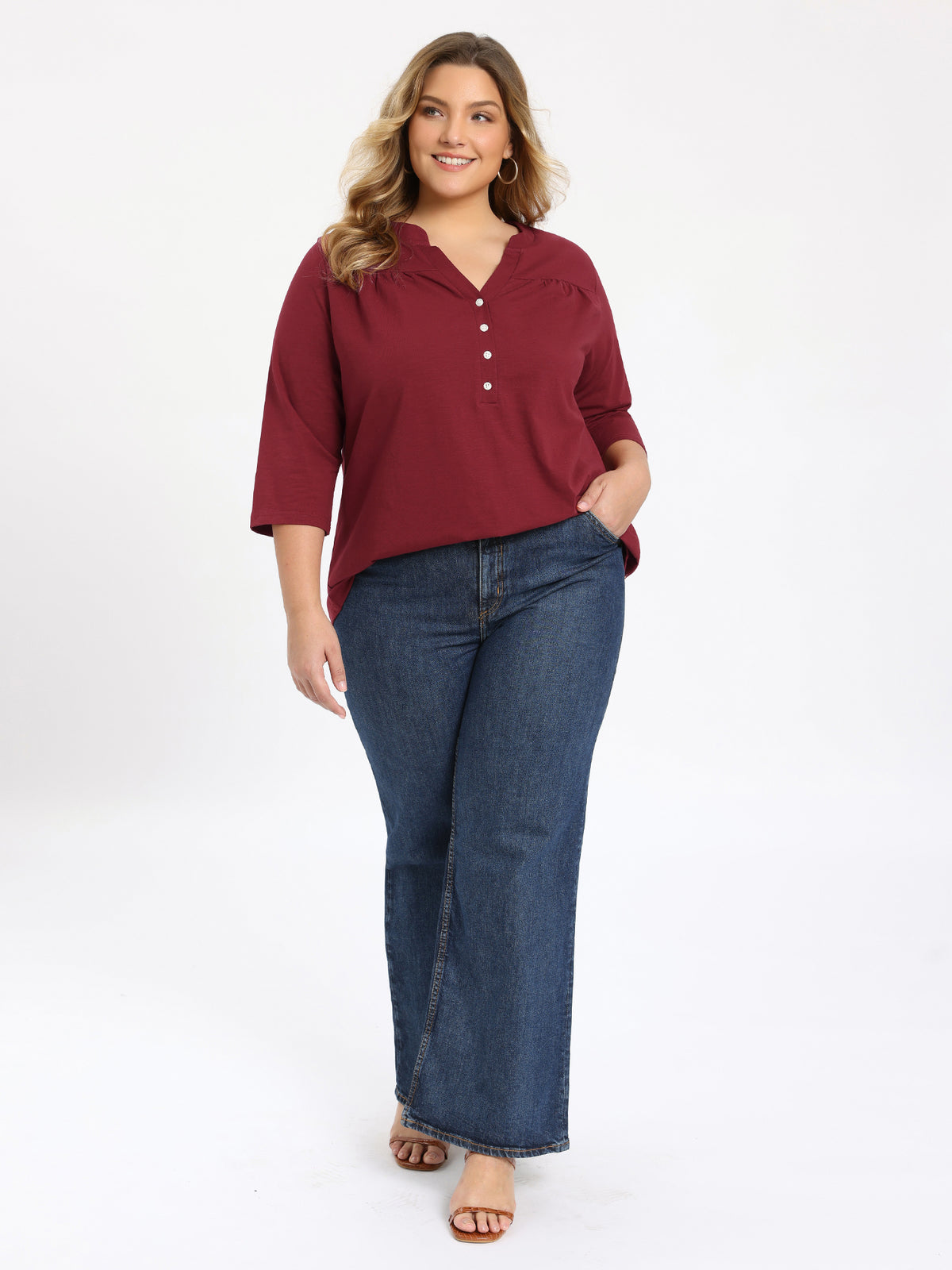 [PACK SALES] Women's Plus Size 2 Pieces Casual Tops Pleated Notch V Neck Button Front Blouses